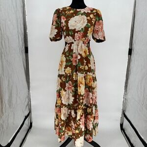 By The River Clarissa Brown Floral Midi Long Tiered‎ Dress Cutout Puff Sleeve M